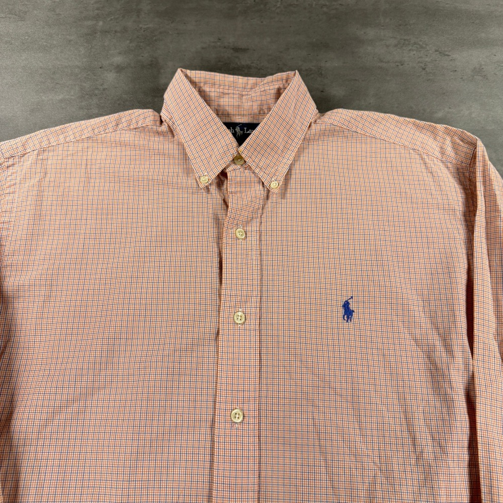 Polo Ralph Lauren Shirt Men Medium Orange White Blue Blake Cotton LongSleeve